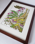 Mushroom Landscape Matted Art Print, Block Print Artwork