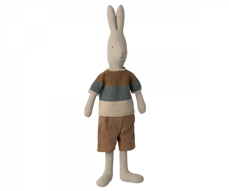Large Rabbit with knitted top and linen shorts - soft toy