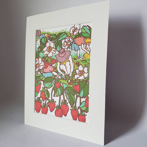 Strawberry Fields Matted Art Print, Block Print Artwork