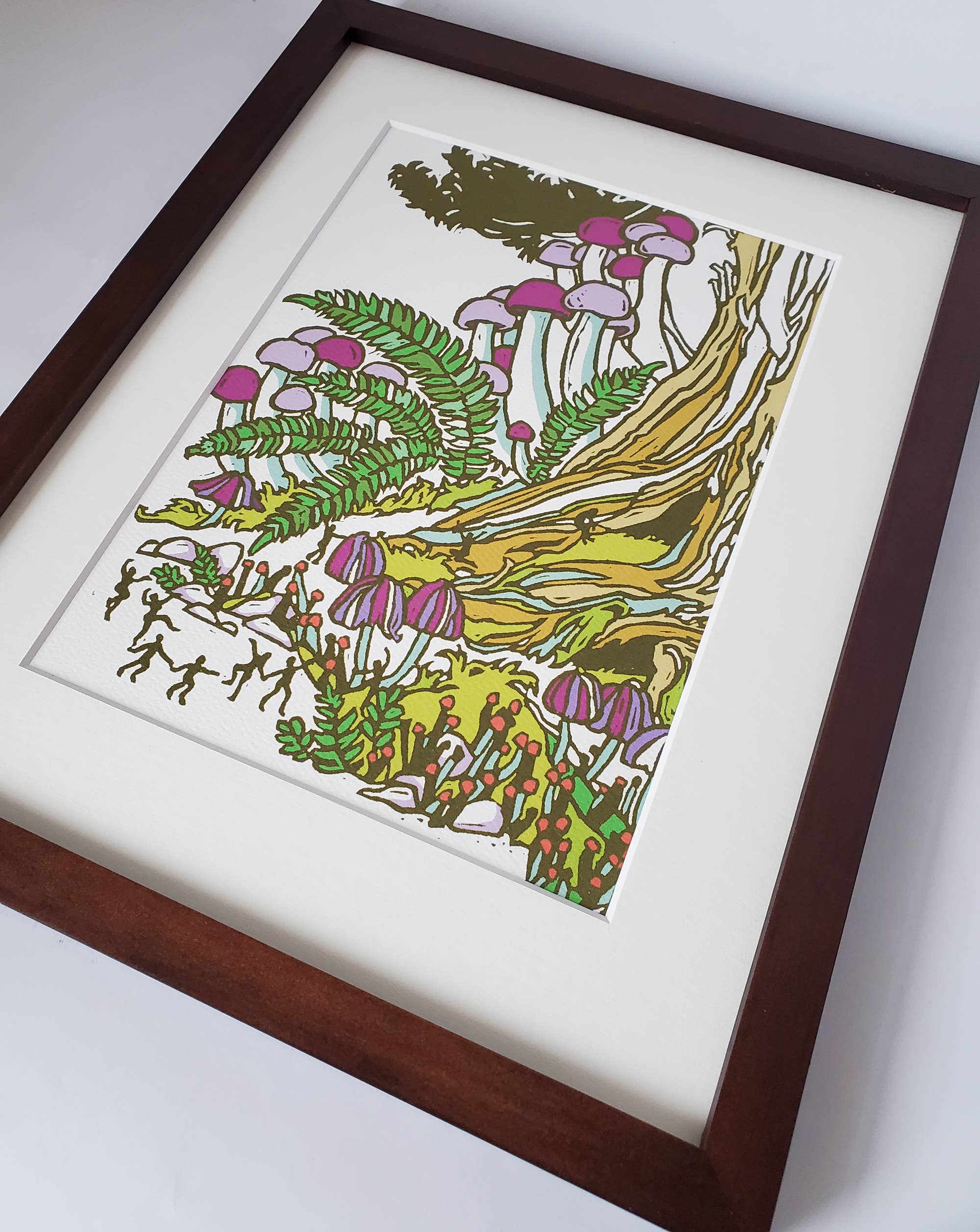 Mushroom Landscape Matted Art Print, Block Print Artwork