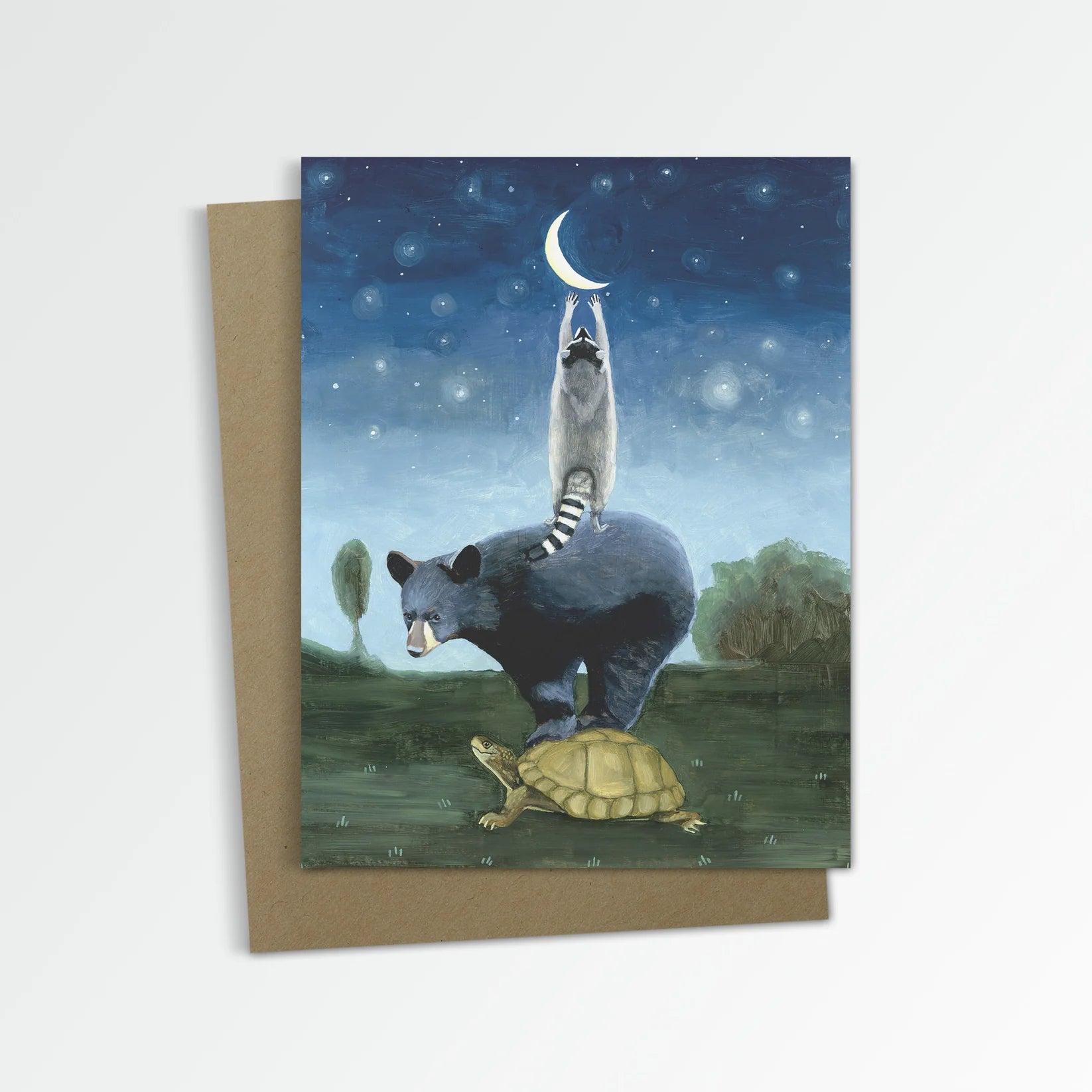 Turtle, Bear, and Raccoon Reaching for the Moon Note Card - Kim Ferreira, Joie de Vivre