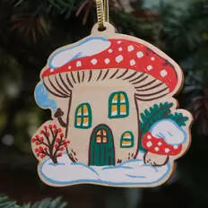 Winter Mushroom House Wooden Ornament - Phoebe Wahl