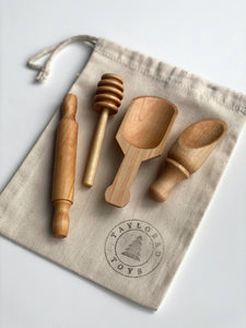 Montessori 4 pc Mini Wood Tool Kit - scoops, honey dipper, rolling pin
