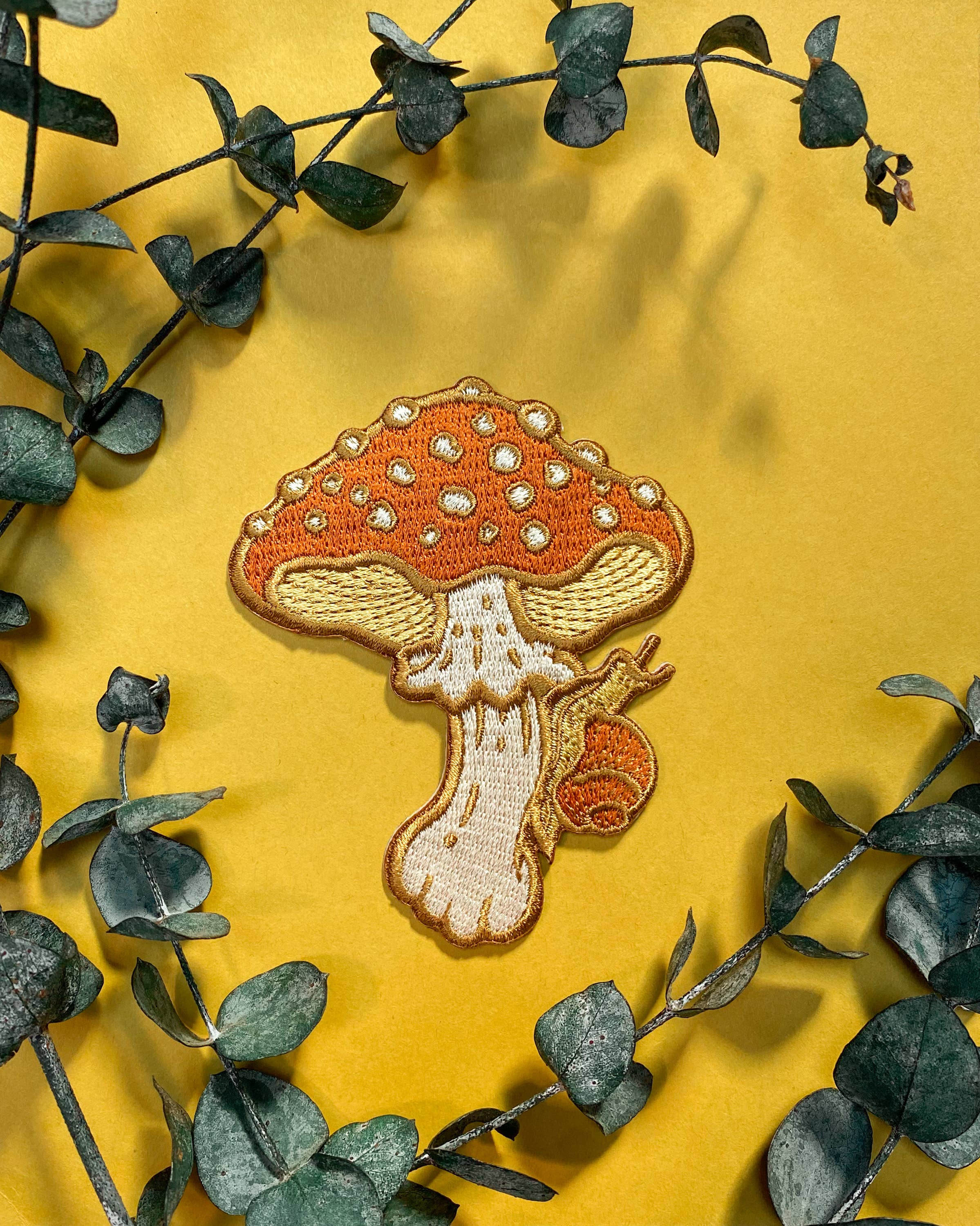 Mushroom and Snail Embroidered Iron-on Patch