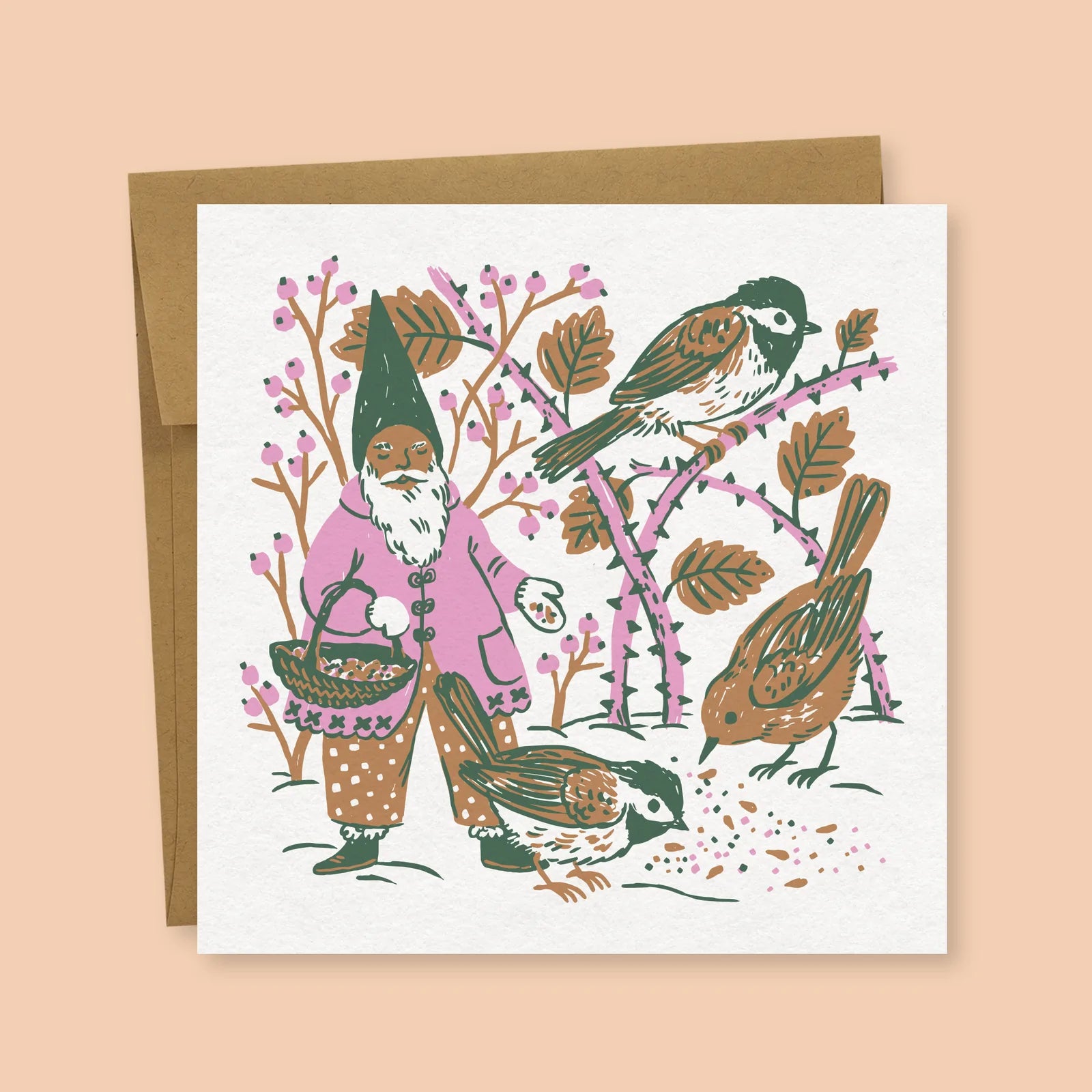 Bird Feeding Gnome Greeting Card  - Phoebe Wahl