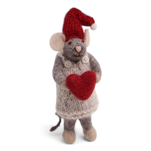 Grey Girly Mouse w/Heart Ornament